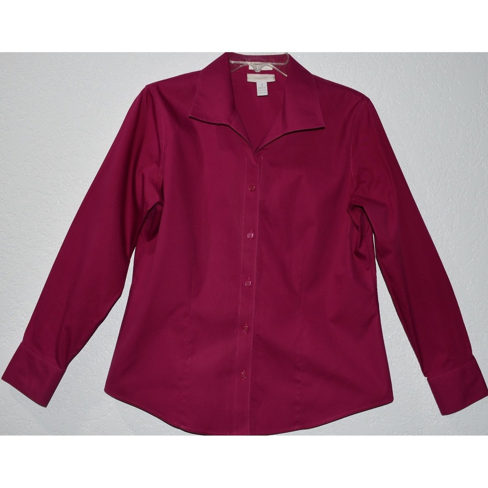 Chicos 1/M 8/10 No-Iron Shirt Button Down Magenta Pink 100% Cotton Long Sleeve